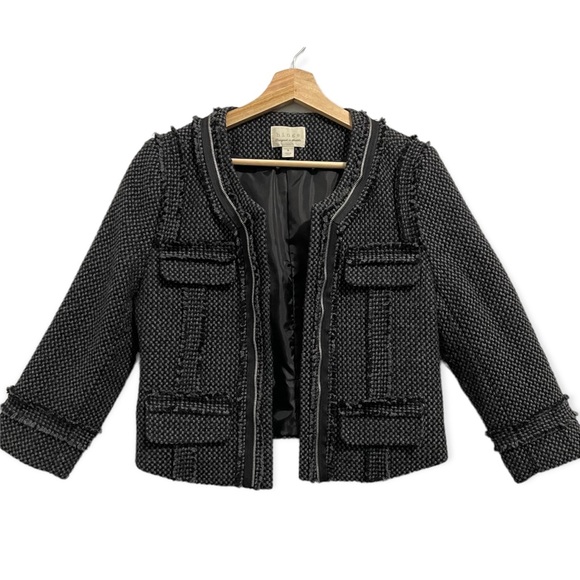 Hinge Cropped Wool Blazer Tweed Jacket Charcoal Gray Knit Woven Womrns Medium M - Picture 2 of 12